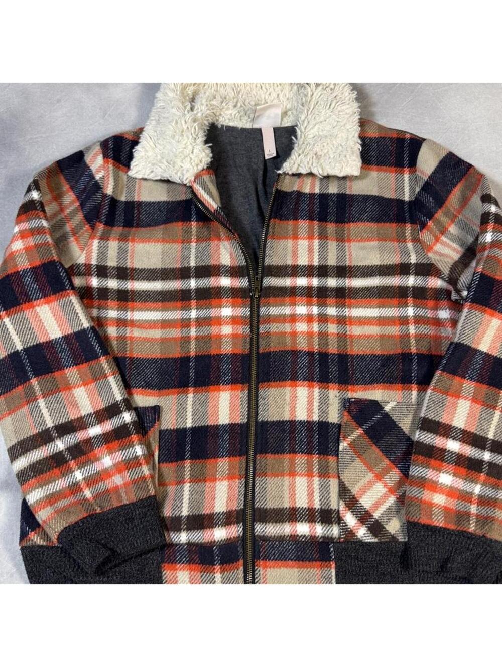 Knox Rose Plaid Sherpa Collar Bomber Jacket Women’s L Cabin Cottagecore